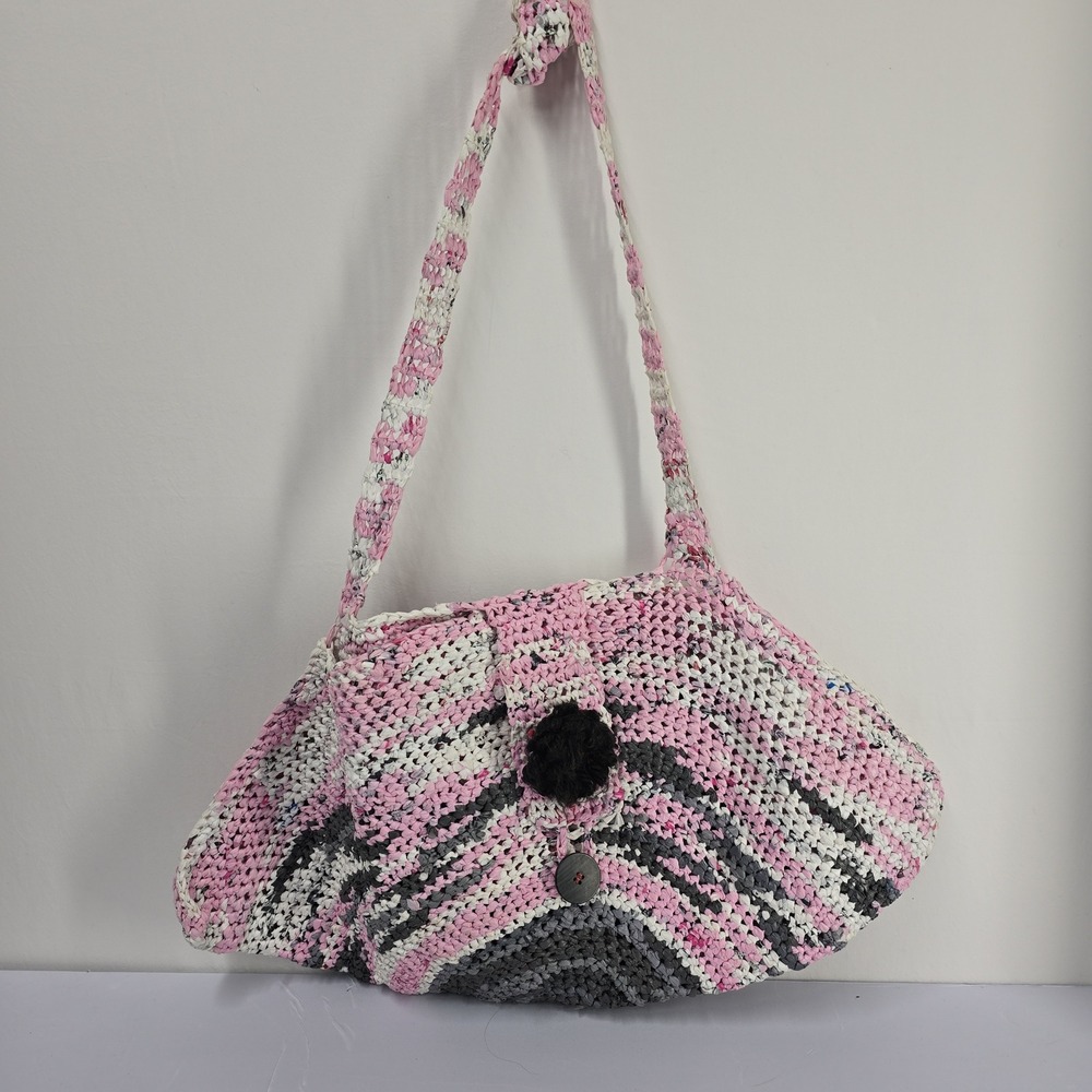 Handmade Crochet XL Hobo Bag Pink White‎ Gray Striped Boho Shoulder Bag